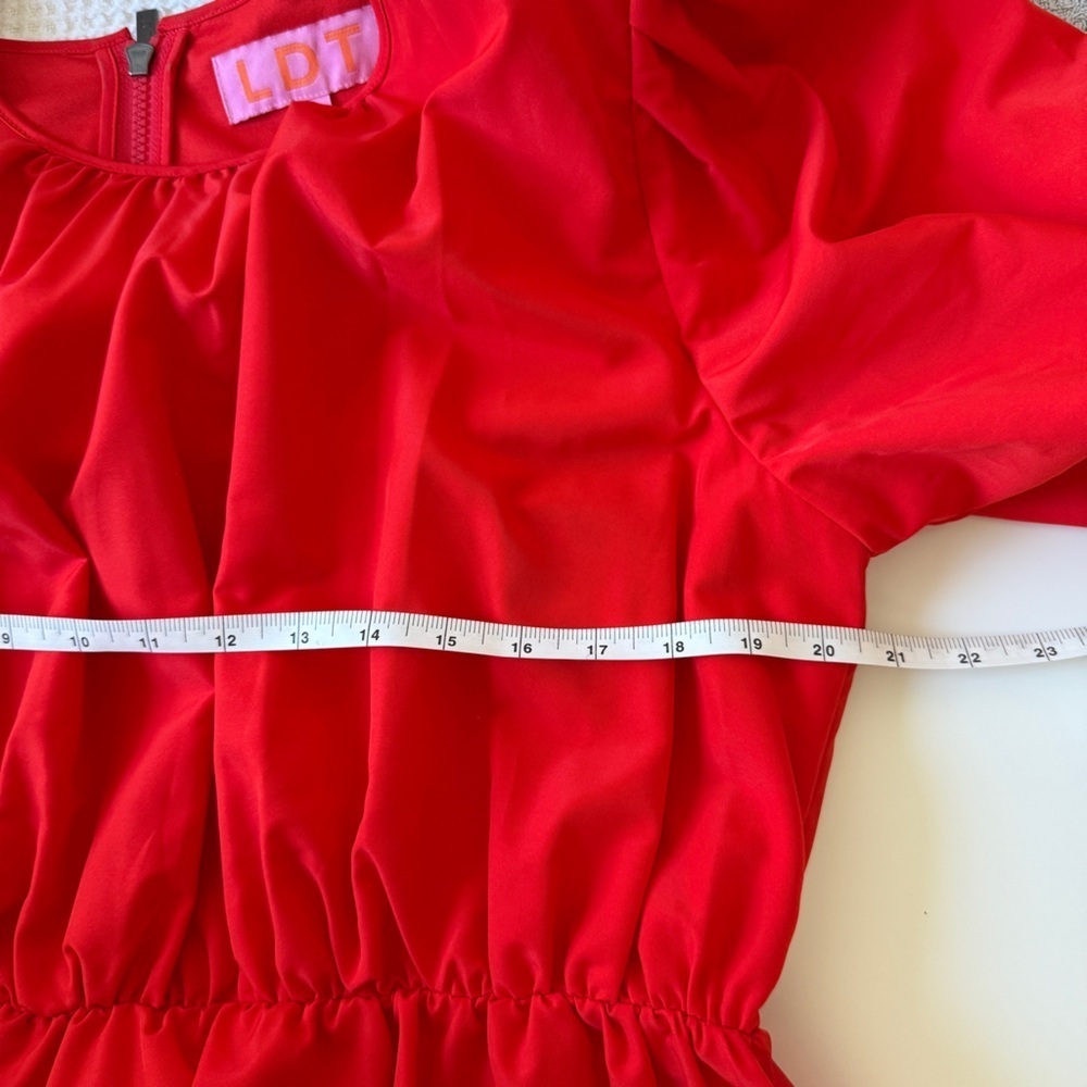 LDT Red Dress Connie Front Tie Short Sleeve Blouson Midi Dress 12 - Picture 14 of 16